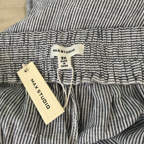 Max Studio Pants 3X Navy Blue Striped Linen Cotton Wide Leg Crop Elastic Pull On - Picture 11 of 13